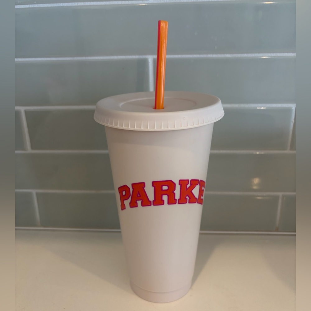 Parke x Dunkin Cream Color Travel Tumbler with Orange Straw